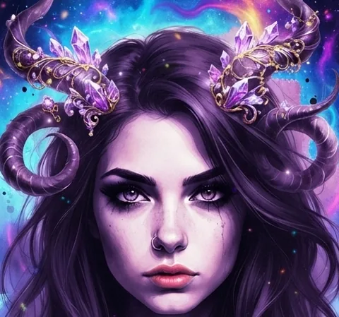 Portrait of Astra: a woman with curved horns and amethyst crystals set in gold, against a violet nebula